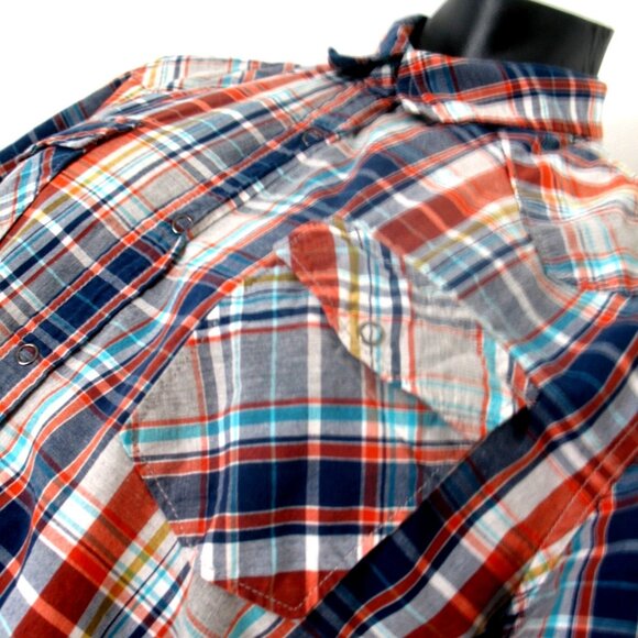Ruff Hewn Button Up Shirt Men's Blue/Orange Plaid Size Large Short sleeves. - Picture 2 of 10